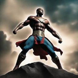 Create an image of a heroic figure standing tall on a cover, with a dramatic background showcasing their strength and valor