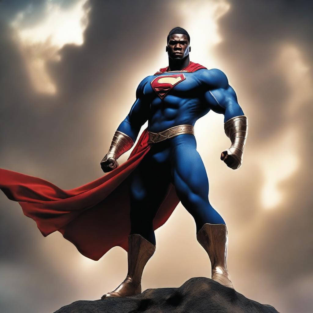 Create an image of a heroic figure standing tall on a cover, with a dramatic background showcasing their strength and valor