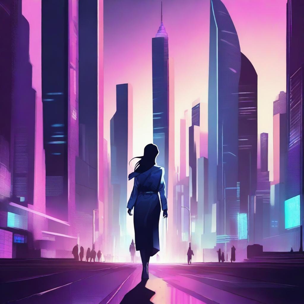 Create an image of a female character walking towards a futuristic city