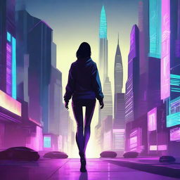 Create an image of a female character walking towards a futuristic city