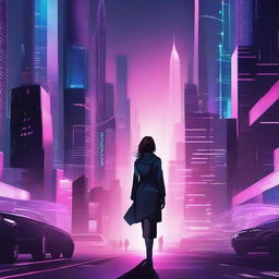 Create an image of a female character walking towards a futuristic city