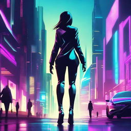 Create an image of a female character walking towards a futuristic city