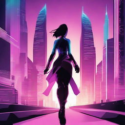 Create an image of a female character walking towards a futuristic city with powers