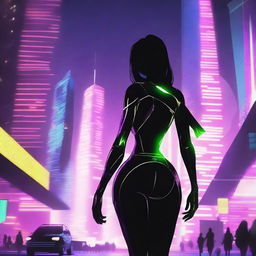 Create an image of a female character walking towards a futuristic city with powers