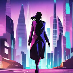 Create an image of a female character walking towards a futuristic city with powers