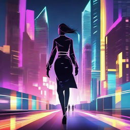 Create an image of a female character walking towards a futuristic city with powers