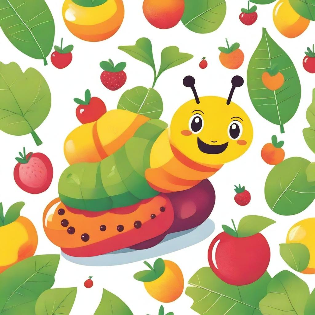 A charming illustration of 'La pequeña oruga glotona' featuring a cute, colorful caterpillar munching on various fruits and leaves