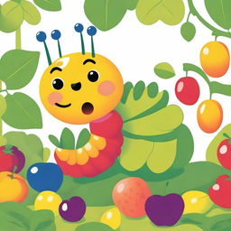 A charming illustration of 'La pequeña oruga glotona' featuring a cute, colorful caterpillar munching on various fruits and leaves