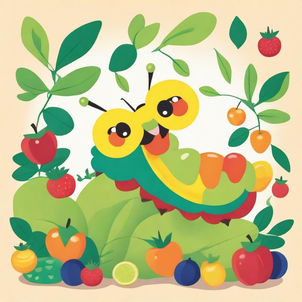 A charming illustration of 'La pequeña oruga glotona' featuring a cute, colorful caterpillar munching on various fruits and leaves