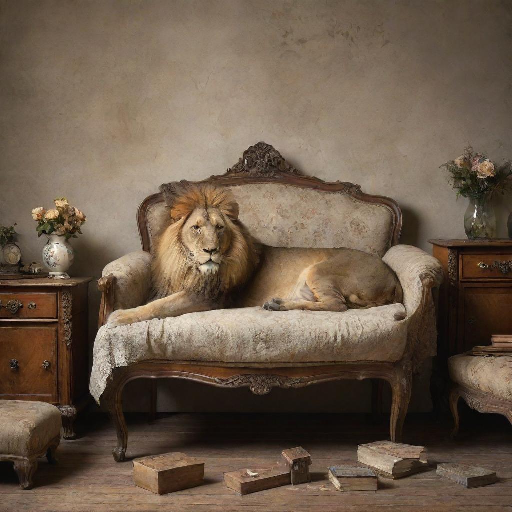 A majestic, peacefully sleeping lion with various pieces of vintage furniture artfully arranged on it, creating a surreal and intriguing still life scenario.