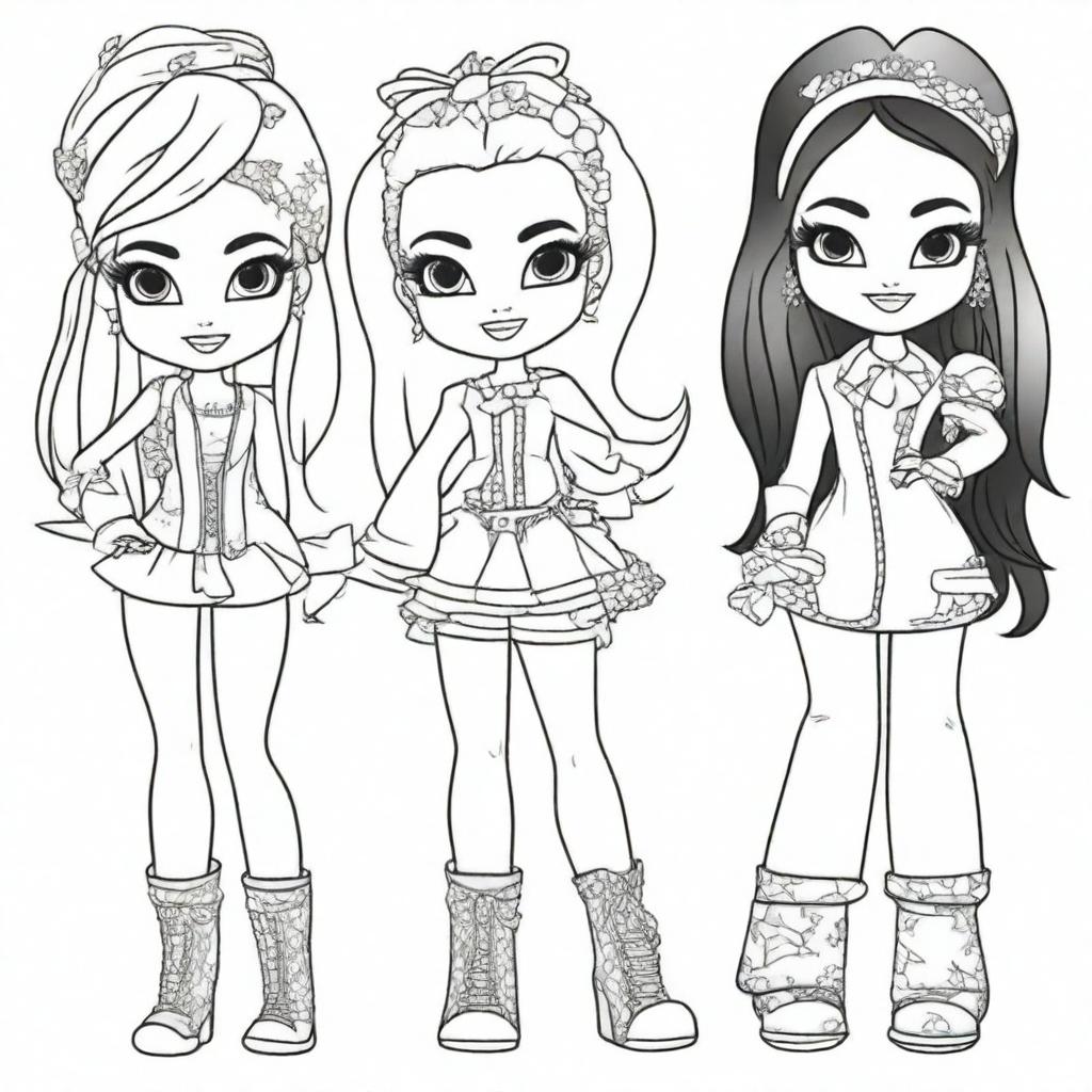 Create a coloring book page featuring Bratz characters in various stylish outfits