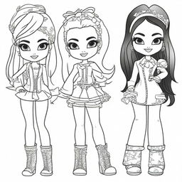 Create a coloring book page featuring Bratz characters in various stylish outfits