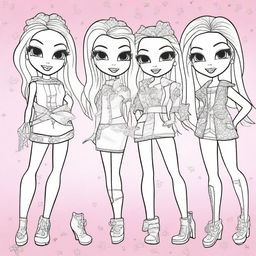 Create a coloring book page featuring Bratz characters in various stylish outfits