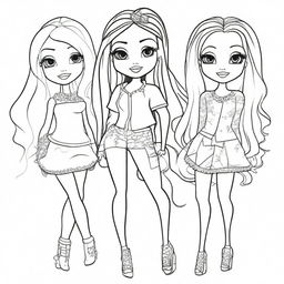 Create a coloring book page featuring Bratz characters in various stylish outfits