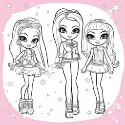 Create a coloring book page featuring Bratz characters in various stylish outfits