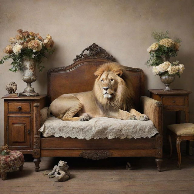 A majestic, peacefully sleeping lion with various pieces of vintage furniture artfully arranged on it, creating a surreal and intriguing still life scenario.