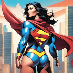 A powerful depiction of Superwoman standing confidently in a bikini, emphasizing her strong physique