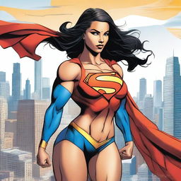 A powerful depiction of Superwoman standing confidently in a bikini, emphasizing her strong physique