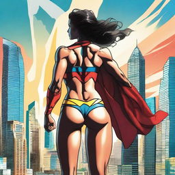 A powerful depiction of Superwoman standing confidently in a bikini, emphasizing her strong physique