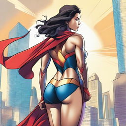 A powerful depiction of Superwoman standing confidently in a bikini, emphasizing her strong physique