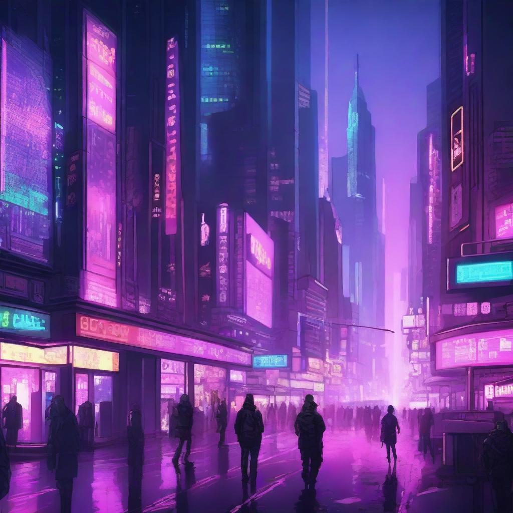 A highly detailed digital illustration of a cyberpunk cityscape at night