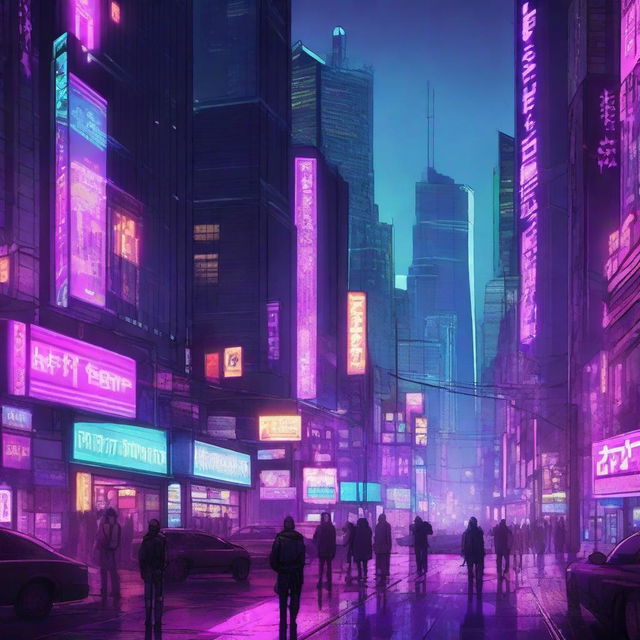 A highly detailed digital illustration of a cyberpunk cityscape at night