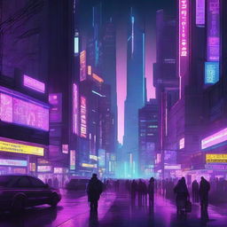 A highly detailed digital illustration of a cyberpunk cityscape at night