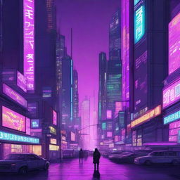 A highly detailed digital illustration of a cyberpunk cityscape at night