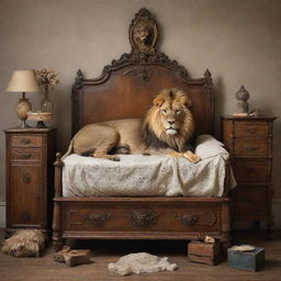 A majestic, peacefully sleeping lion with various pieces of vintage furniture artfully arranged on it, creating a surreal and intriguing still life scenario.