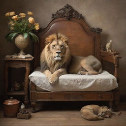 A majestic, peacefully sleeping lion with various pieces of vintage furniture artfully arranged on it, creating a surreal and intriguing still life scenario.