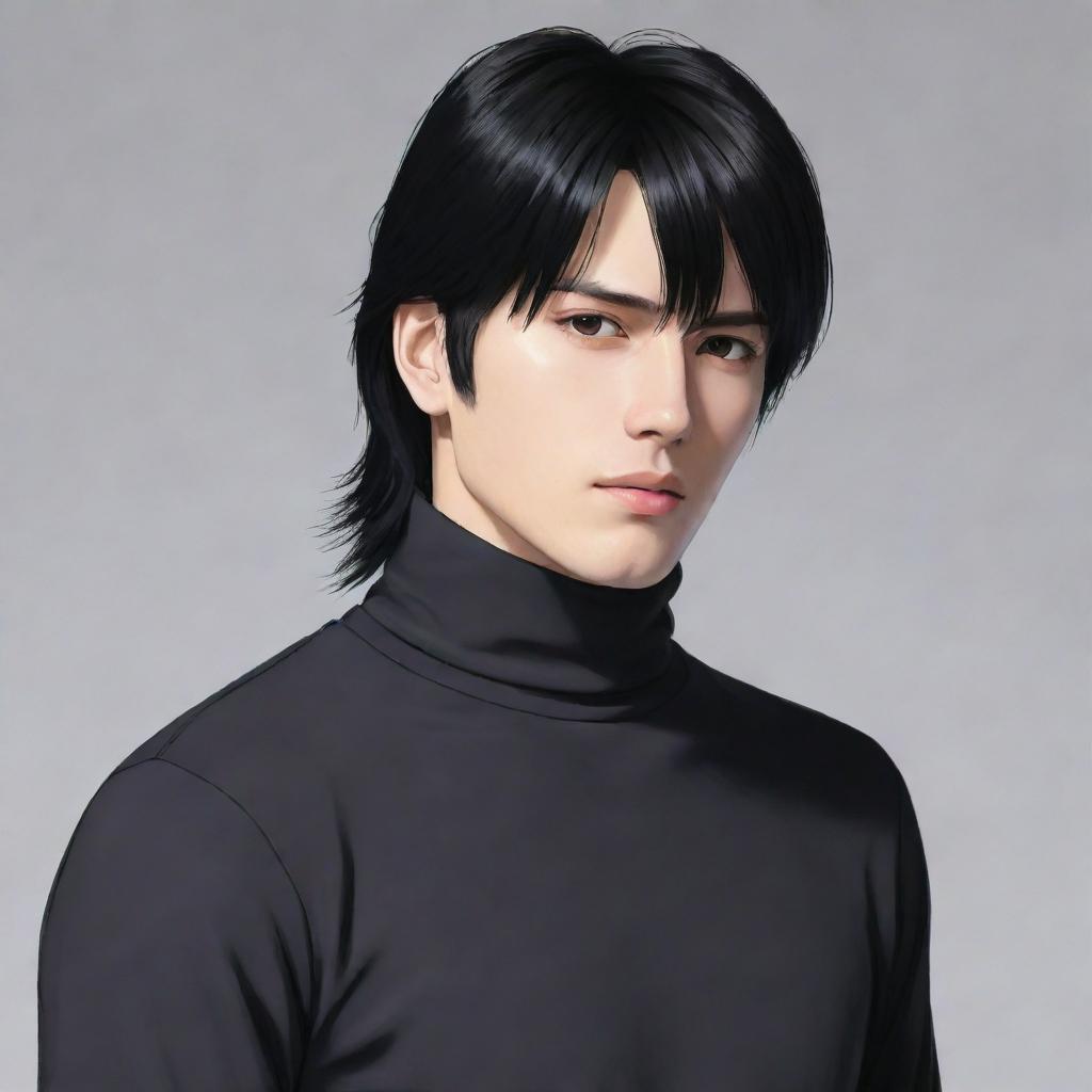 Anime style male character with a black mullet hairstyle, wearing a turtleneck shirt.