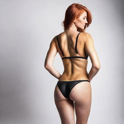 A redheaded woman in her 30s wearing a gold bikini, showcasing her fitness and body from the back