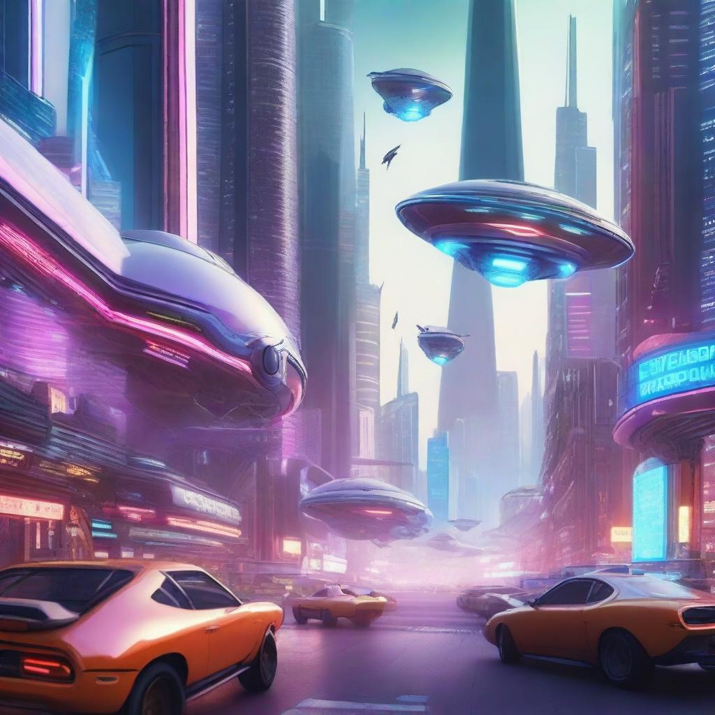 A futuristic sci-fi scene set in a bustling space city with flying cars, towering skyscrapers, and neon lights