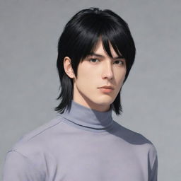 Anime style male character with a black mullet hairstyle, wearing a turtleneck shirt.