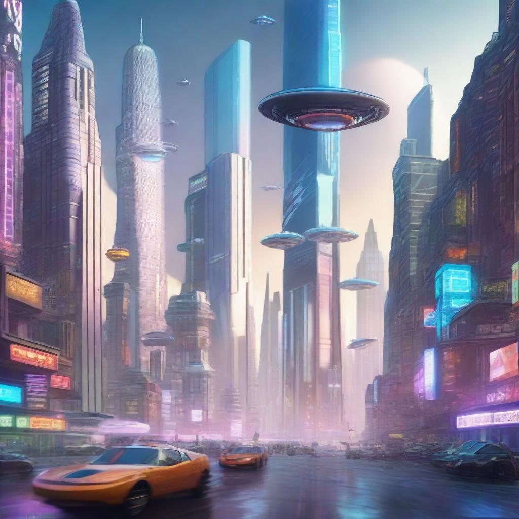 A futuristic sci-fi scene set in a bustling space city with flying cars, towering skyscrapers, and neon lights