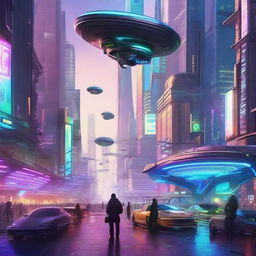 A futuristic sci-fi scene set in a bustling space city with flying cars, towering skyscrapers, and neon lights