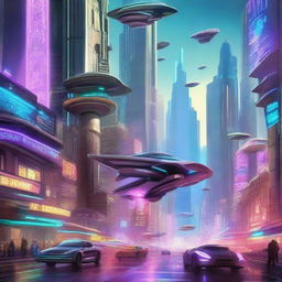 A futuristic sci-fi scene set in a bustling space city with flying cars, towering skyscrapers, and neon lights