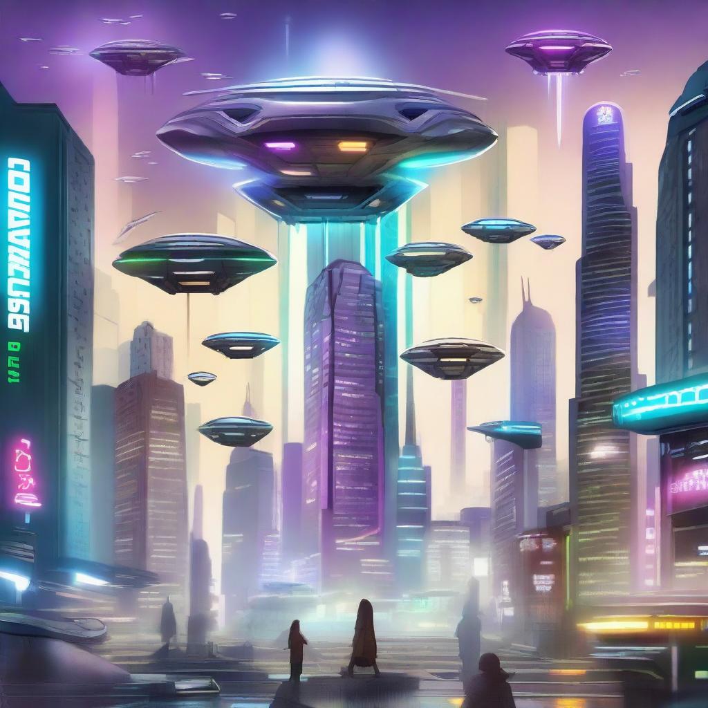 Create a sci-fi poster featuring a futuristic city with flying cars, towering skyscrapers, and neon lights