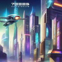 Create a sci-fi poster featuring a futuristic city with flying cars, towering skyscrapers, and neon lights