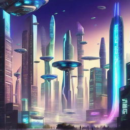 Create a sci-fi poster featuring a futuristic city with flying cars, towering skyscrapers, and neon lights