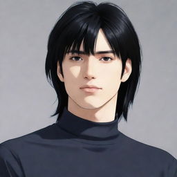 Anime style male character with a black mullet hairstyle, wearing a turtleneck shirt.