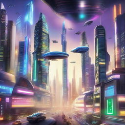 Create a sci-fi poster featuring a futuristic city with flying cars, towering skyscrapers, and neon lights