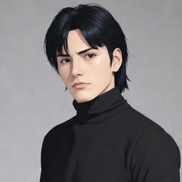 Anime style male character with a black mullet hairstyle, wearing a turtleneck shirt.