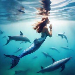 A realistic photo of a full-body mermaid woman swimming in the sea, accompanied by dolphins