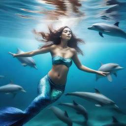 A realistic photo of a full-body mermaid woman swimming in the sea, accompanied by dolphins