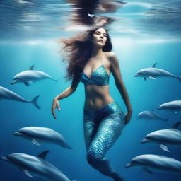 A realistic photo of a full-body mermaid woman swimming in the sea, accompanied by dolphins