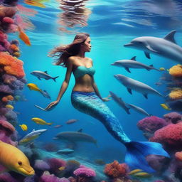 A realistic photo of a full-body mermaid woman swimming with dolphins among corals in the sea
