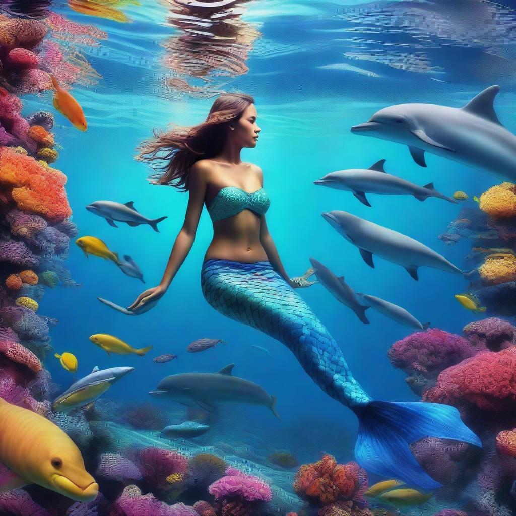 A realistic photo of a full-body mermaid woman swimming with dolphins among corals in the sea