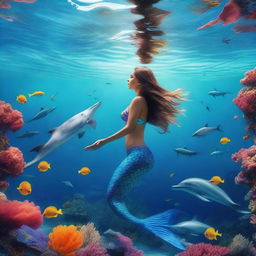 A realistic photo of a full-body mermaid woman swimming with dolphins among corals in the sea