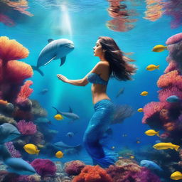 A realistic photo of a full-body mermaid woman swimming with dolphins among corals in the sea